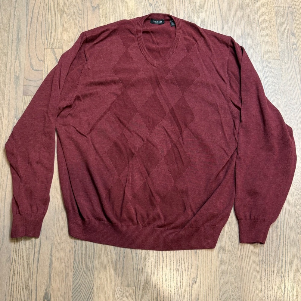 Van Heusen Mens Burgundy Argyle V Neck Sweater Pullover XXL